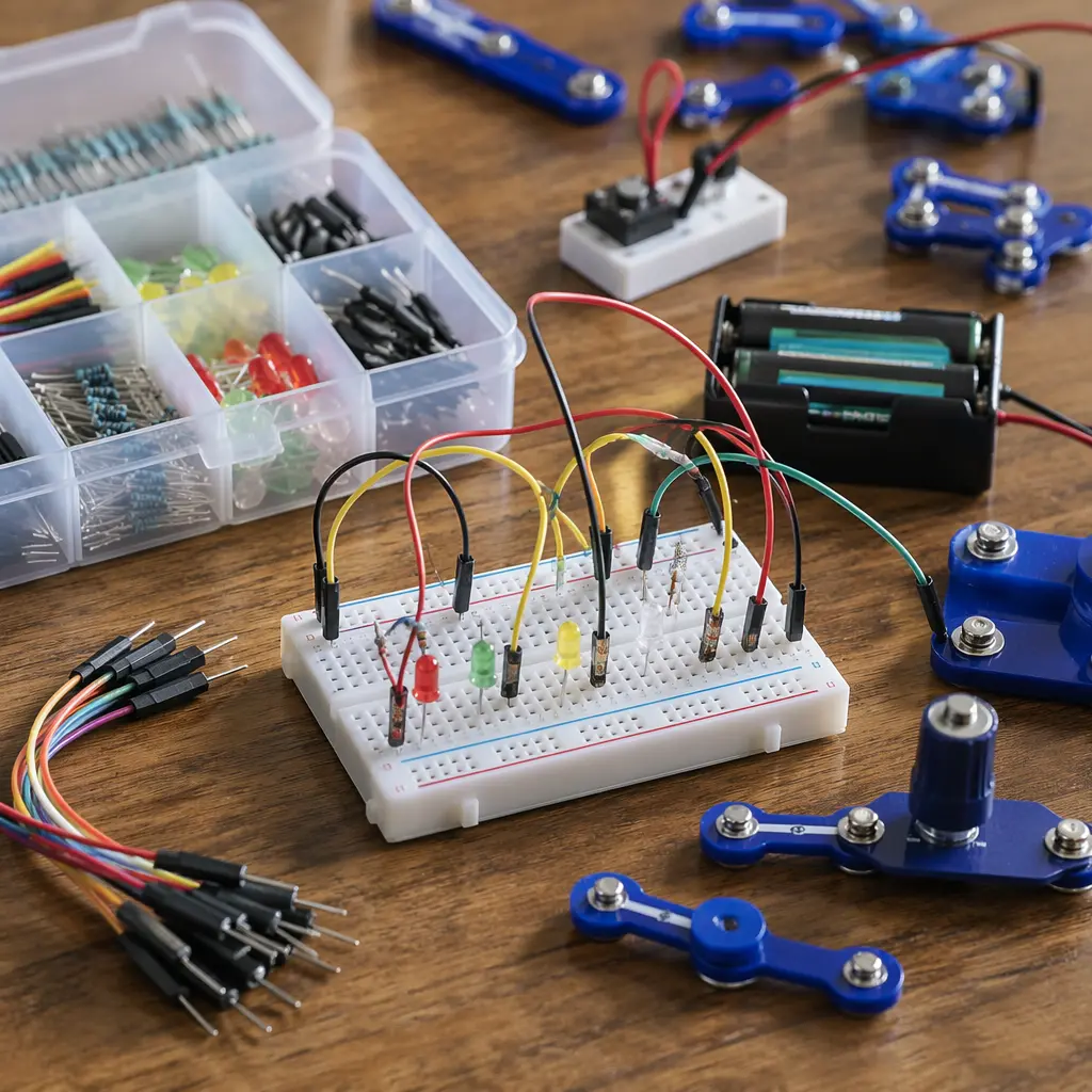 Screen-free electronics kit with wires and components laid out on a table