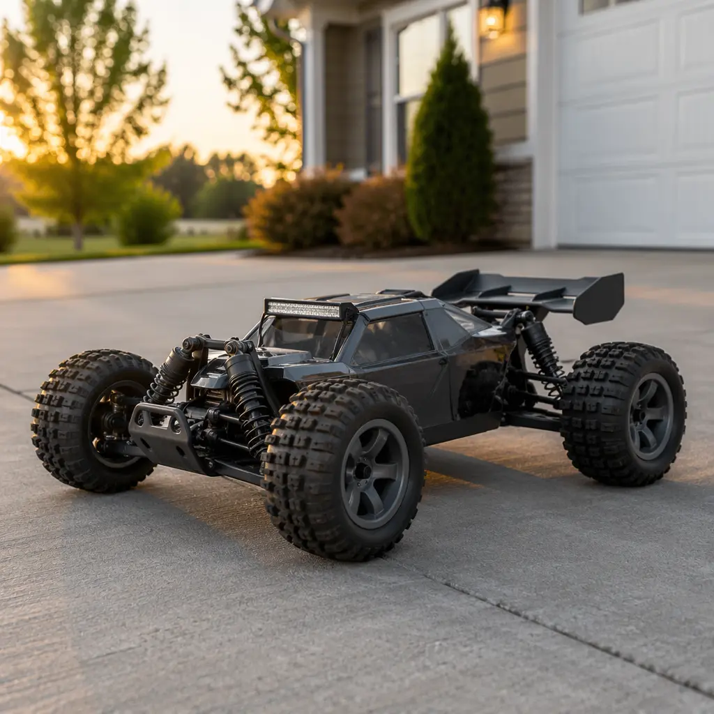 Durable remote control car on a driveway in soft natural light