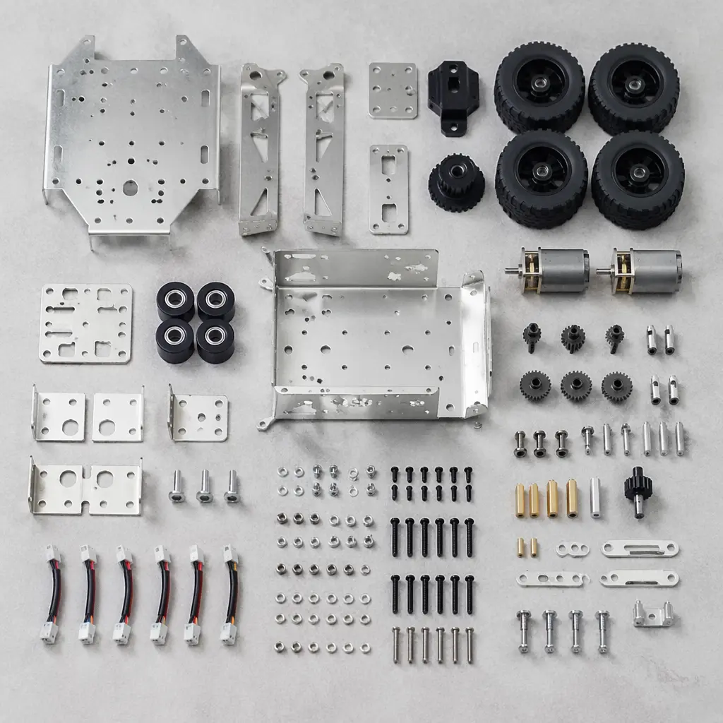 Robot kit components laid out for building