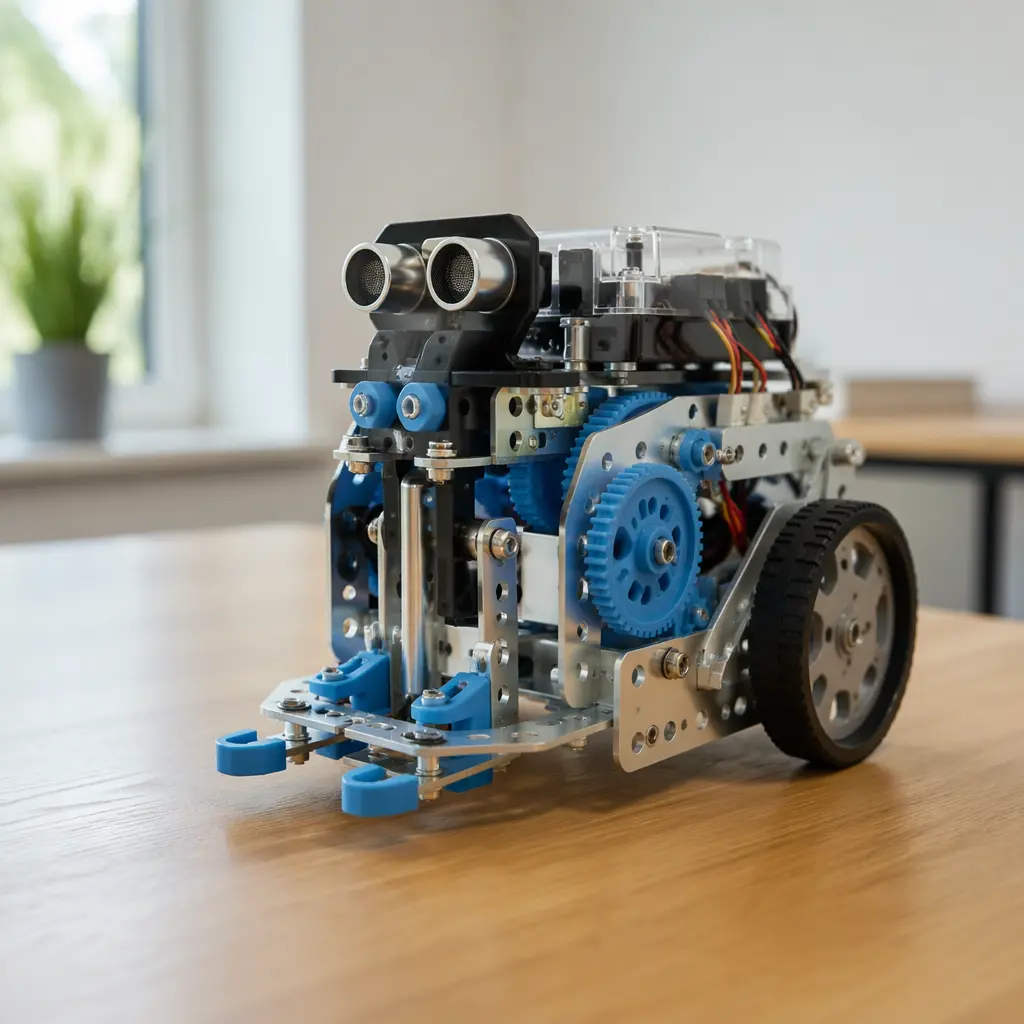 Mechanical robot kit with visible gears and wheels on a table