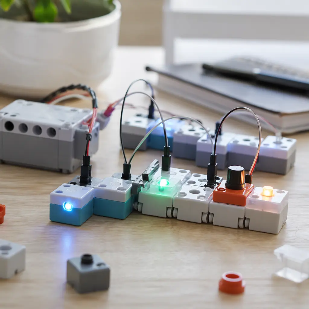 Snap-together electronic blocks lighting up without using an app