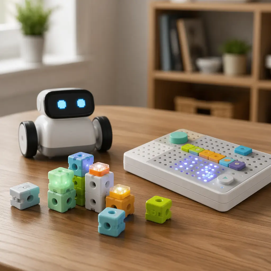 Offline smart toys like simple robots and electronic blocks arranged on a table