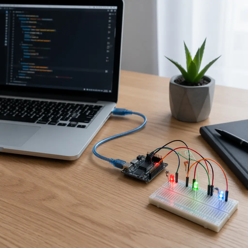 Compact coding and electronics setup suitable for beginners