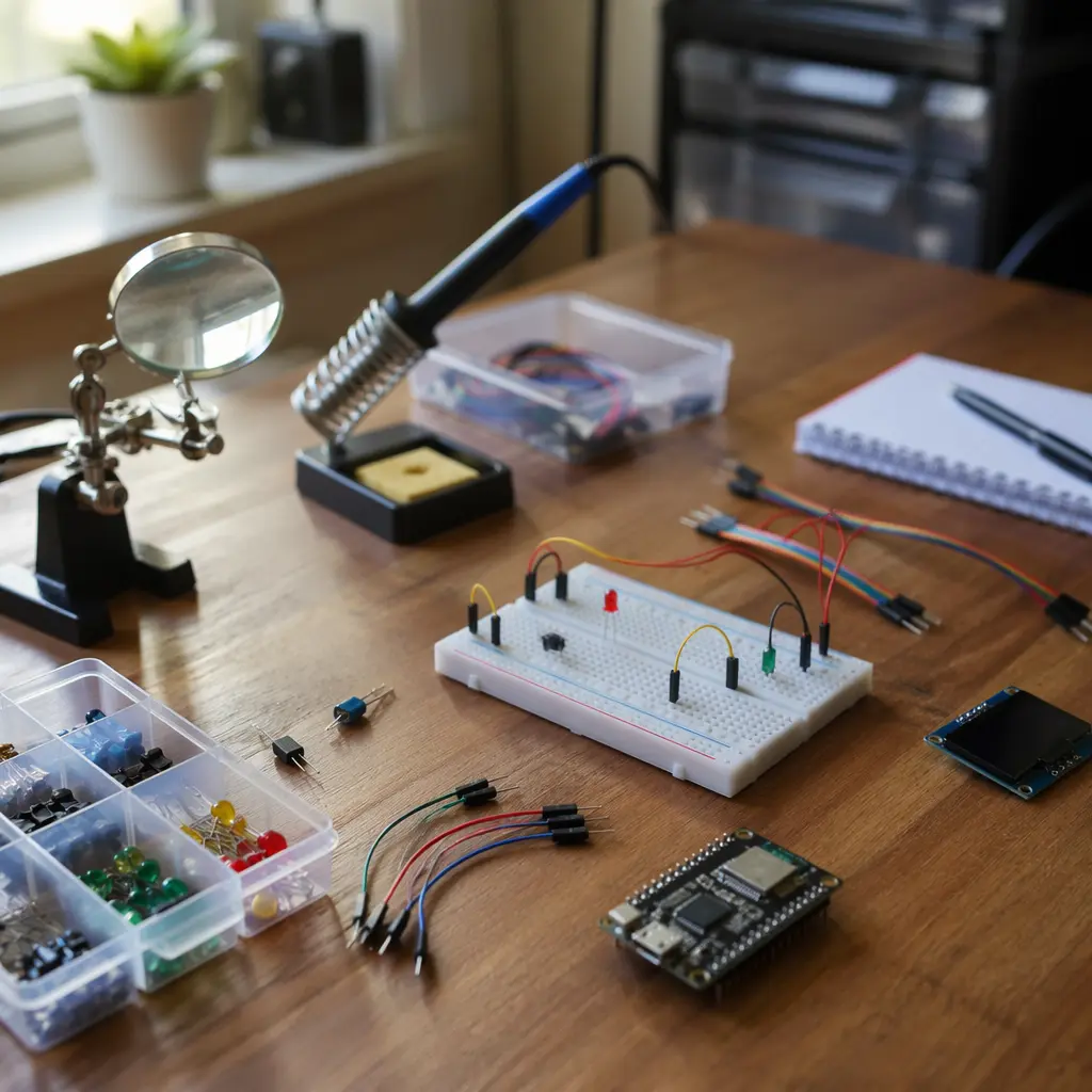 Beginner-friendly electronic components arranged on a clean workbench