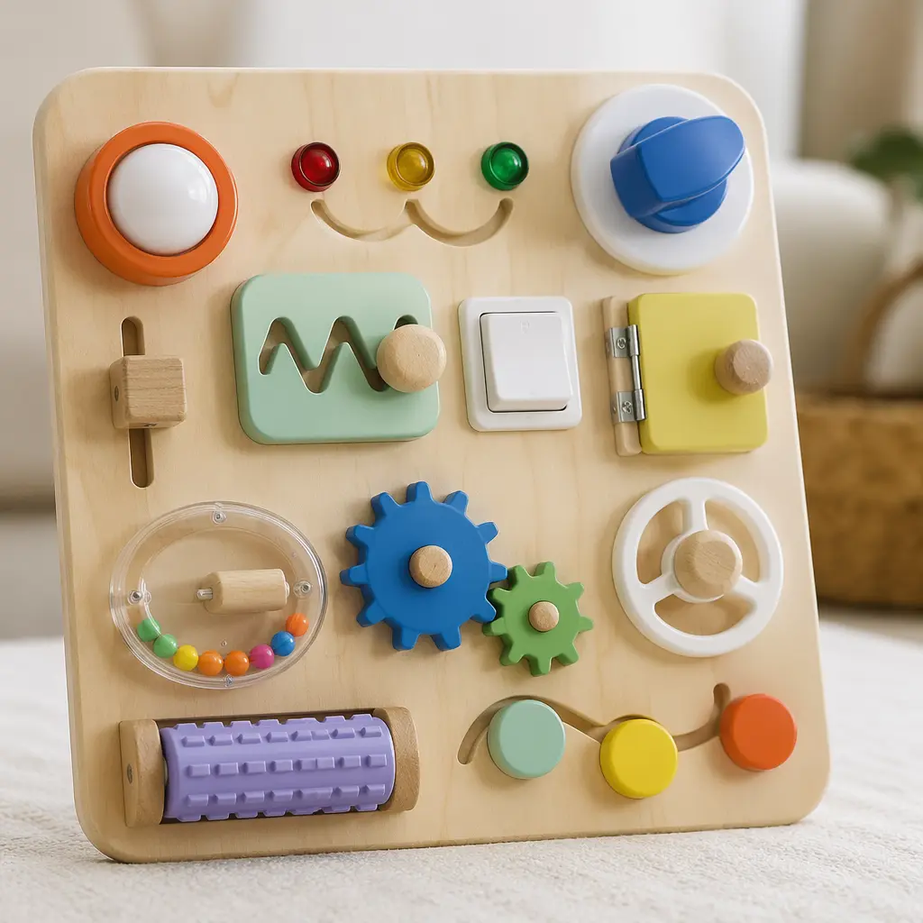 Close-up of a screen-free electronic activity board with buttons and lights