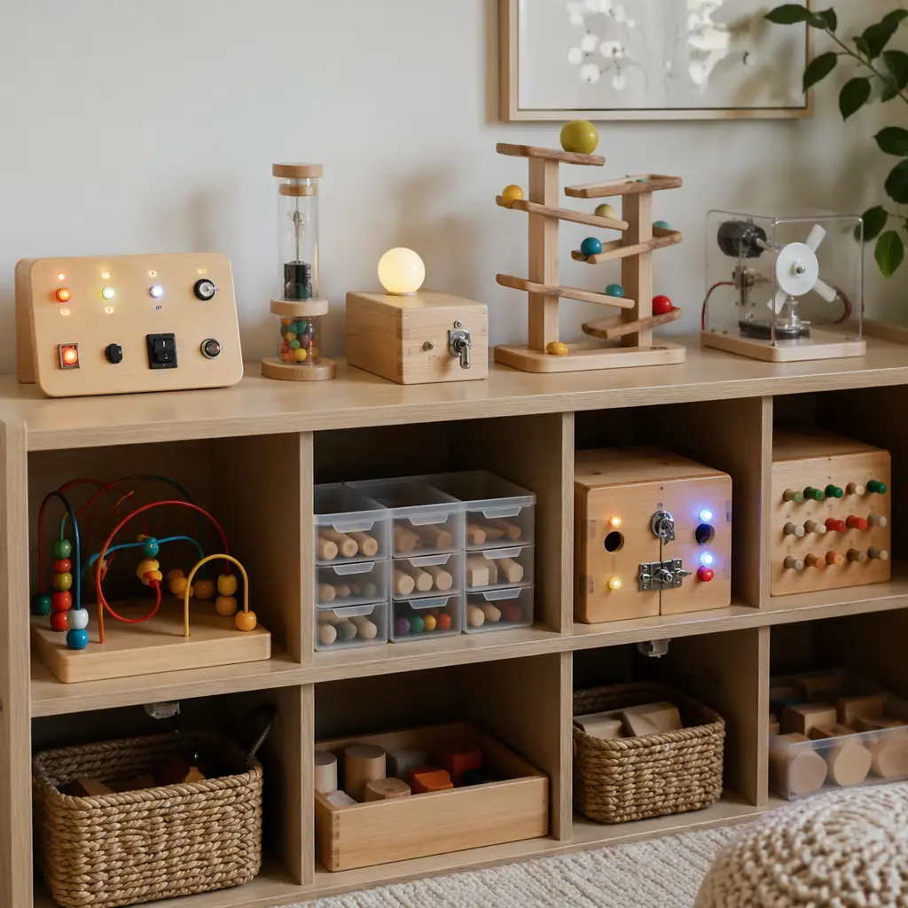 Screen-free STEM toys with lights and switches arranged on a playroom shelf