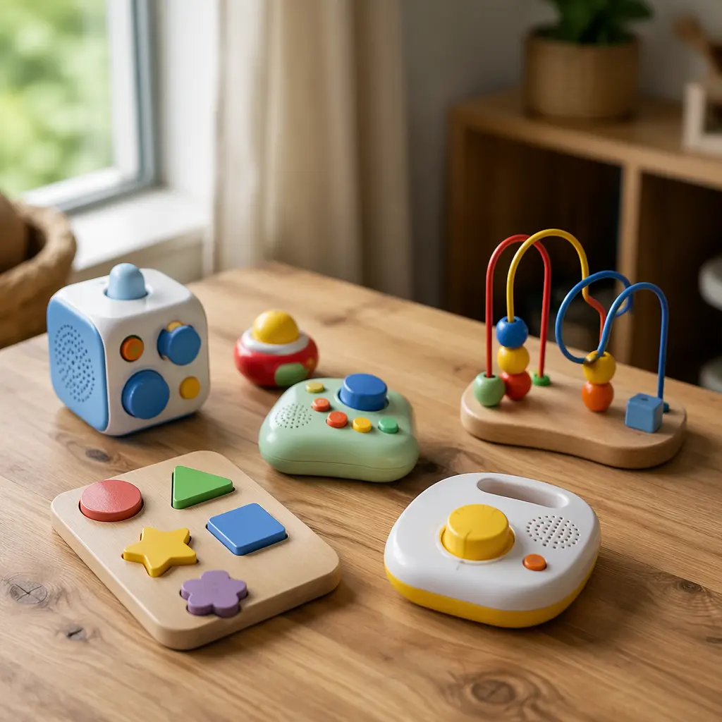 Screen-free electronic learning toys arranged on a wooden table in soft natural light