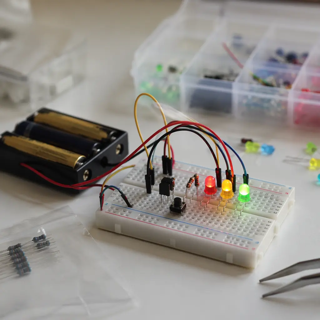 DIY electronics project with wires and glowing LED