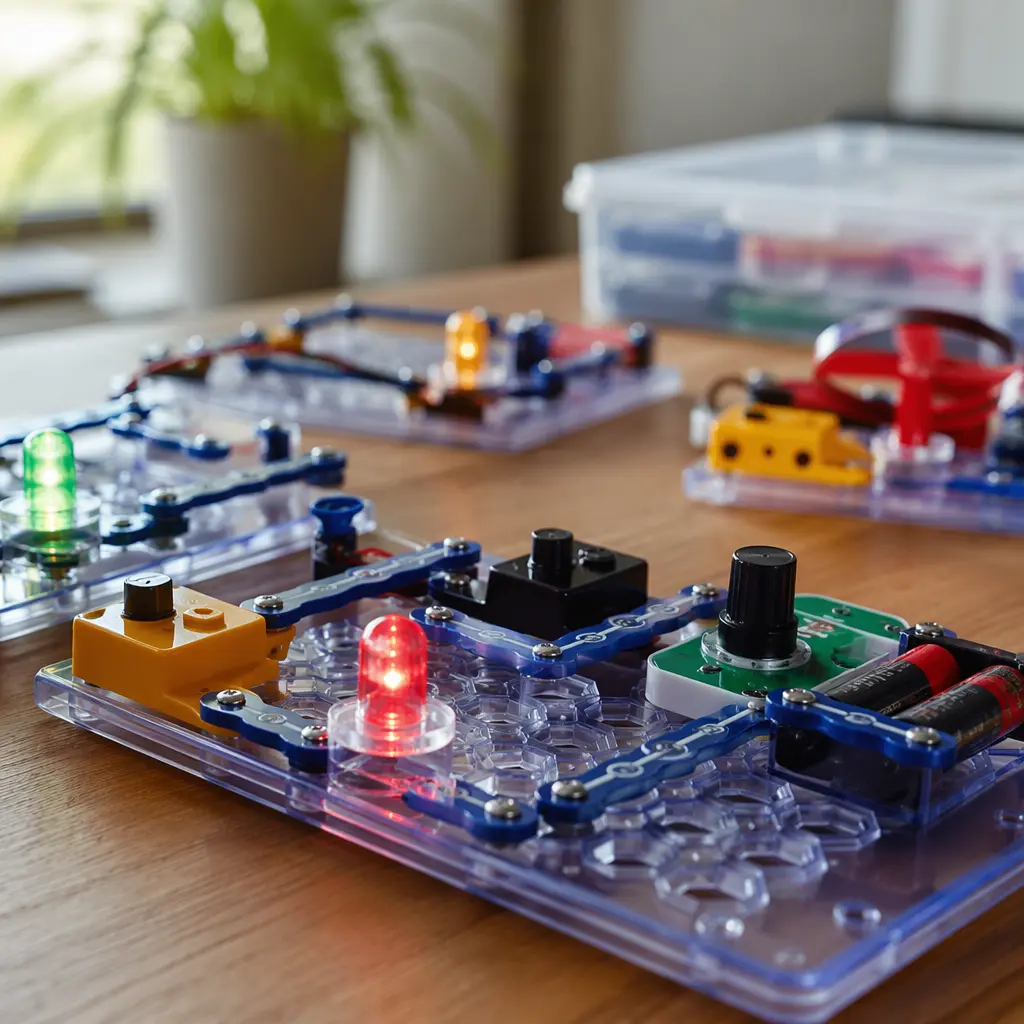 Hands-on electronic learning toys with knobs, wires, and glowing LEDs on a table