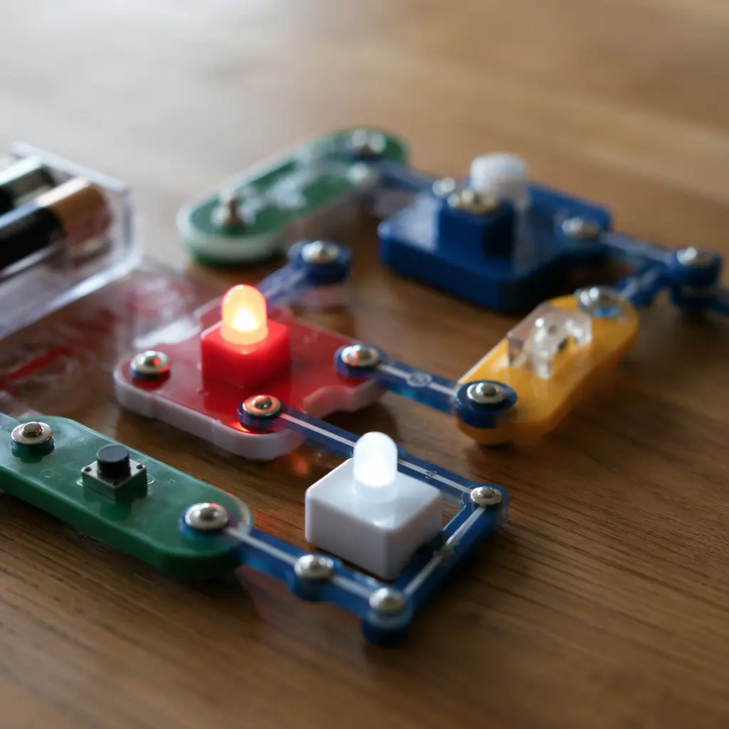 Snap-together circuit pieces connected on a tabletop