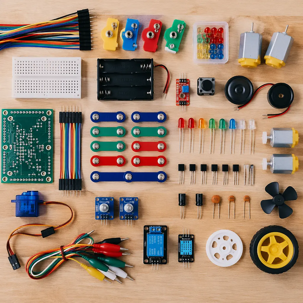 Hands-on electronic components arranged on a table for learning circuits without screens
