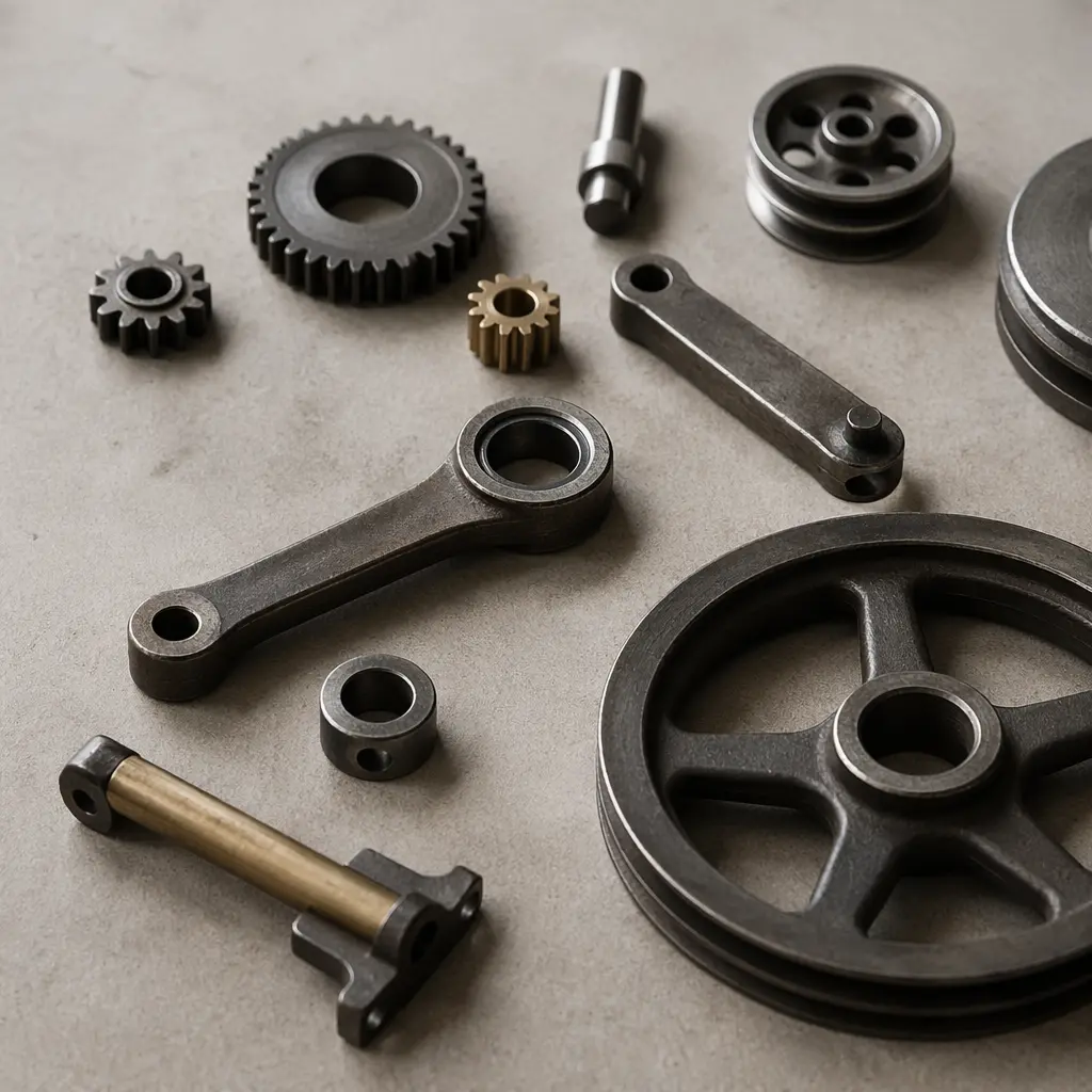 Mechanical building parts arranged on a tabletop
