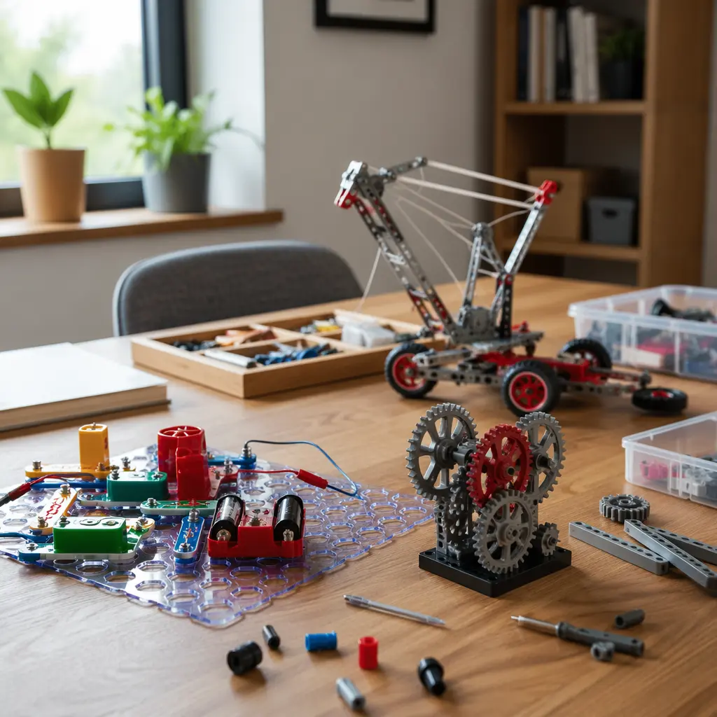 Screen-free tech toys laid out on a desk for tweens