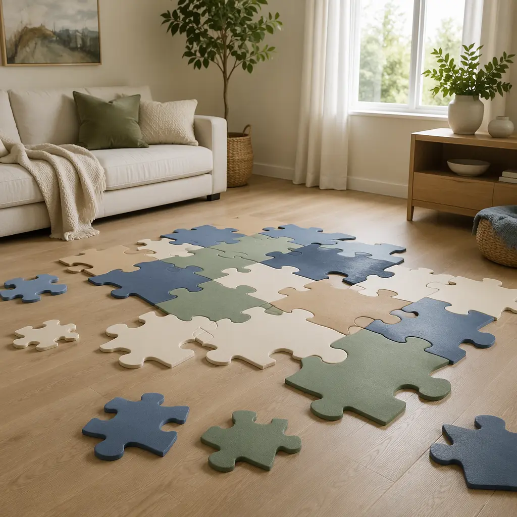 An oversized puzzle laid out on a living room floor
