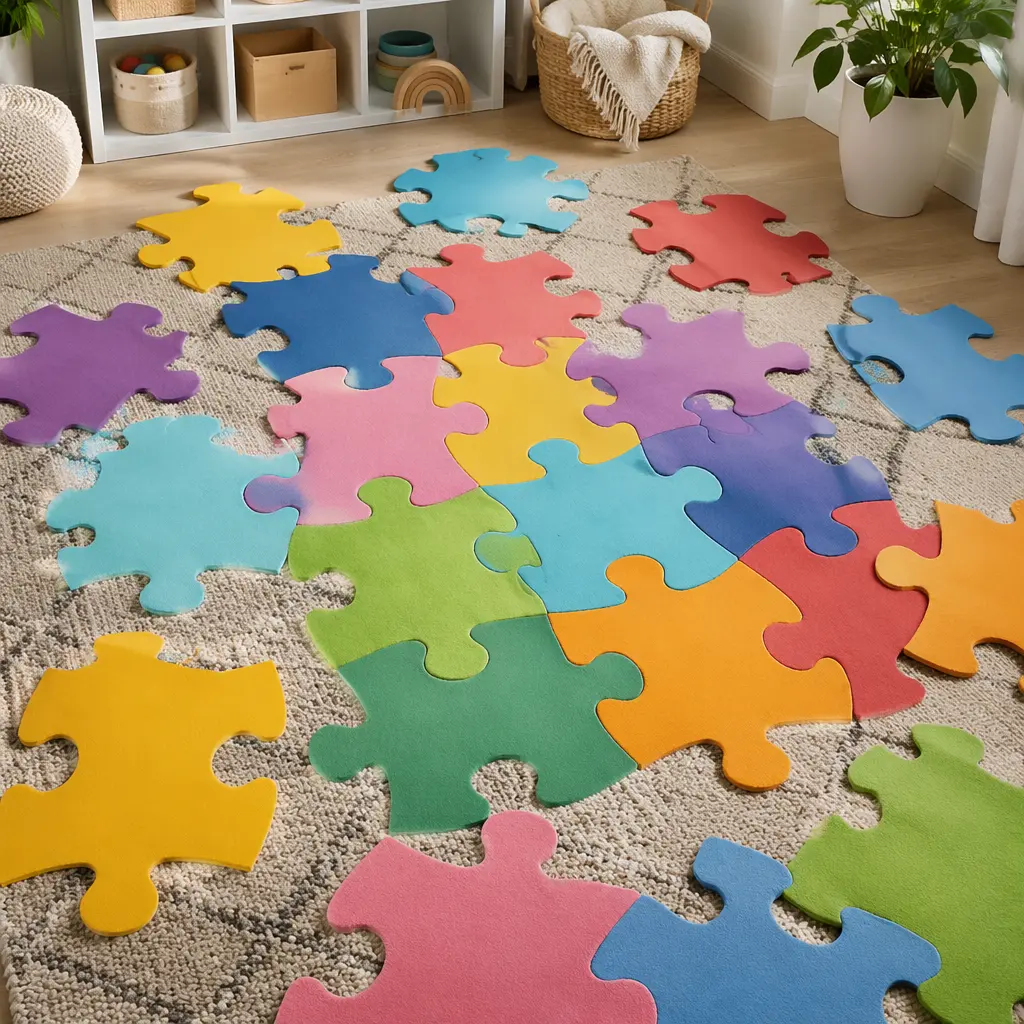 Bright floor puzzle pieces arranged on a playroom floor