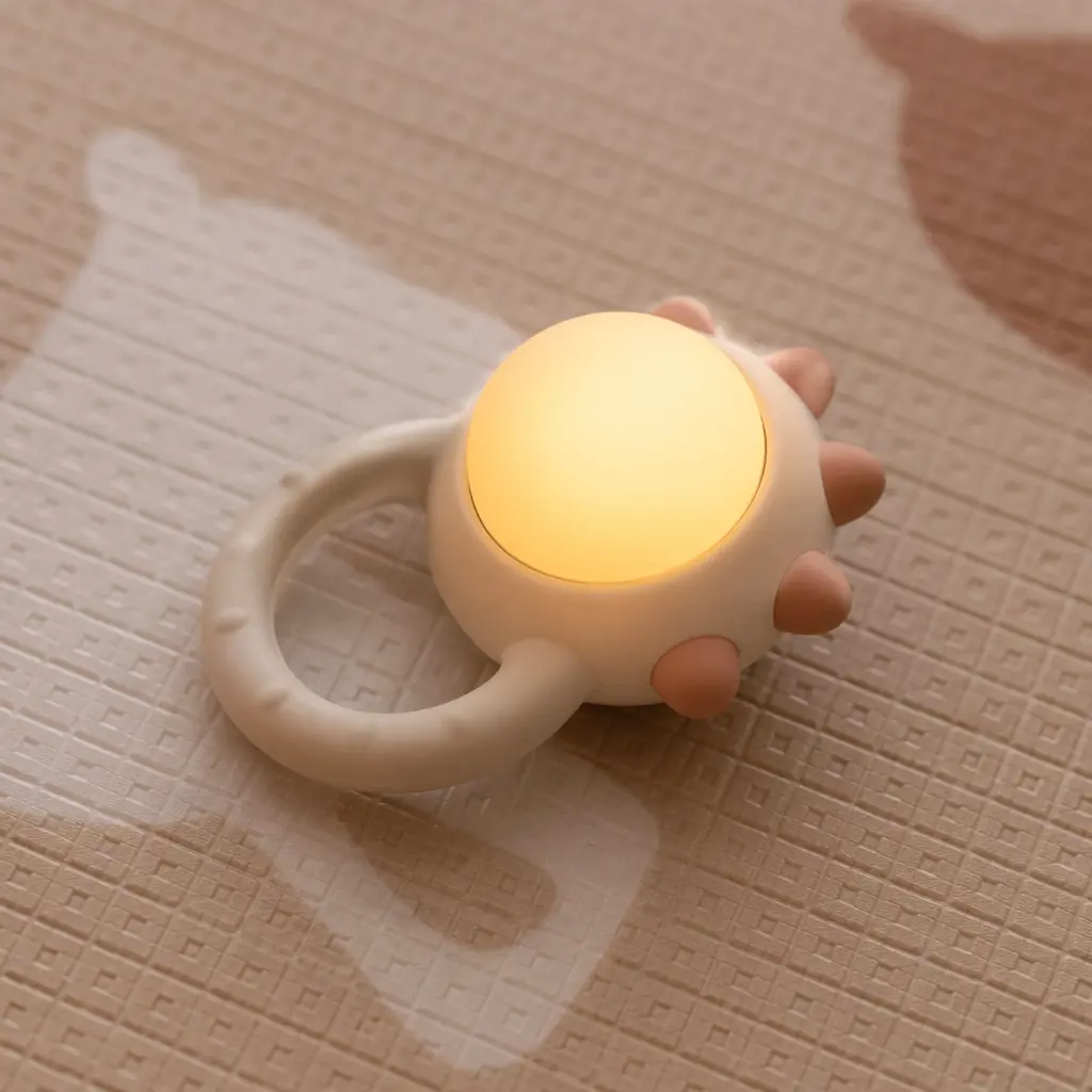 Close-up of a baby toy emitting a soft, calming glow on a play mat