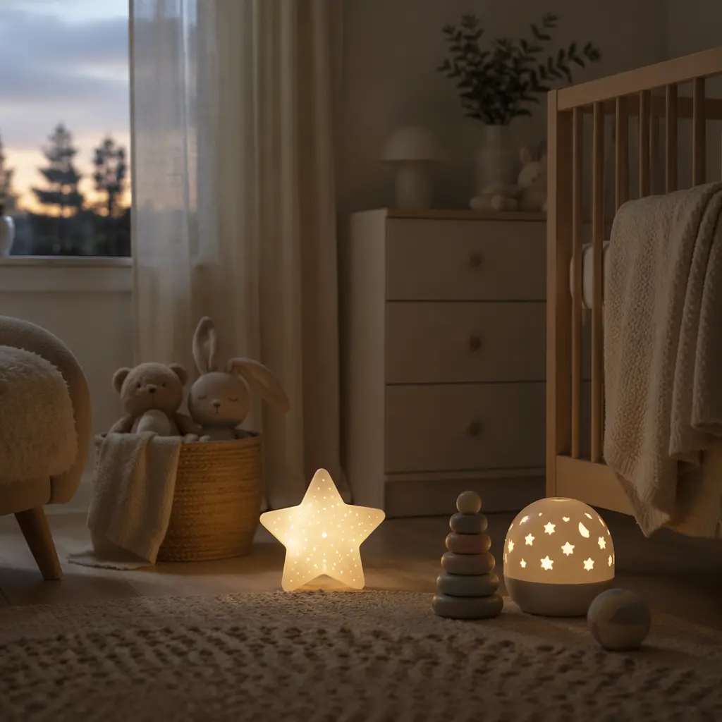 Calm nursery corner featuring softly glowing baby toys