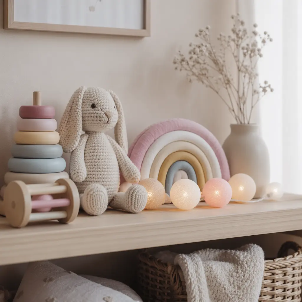 Gentle light-up baby toys arranged on a nursery shelf with soft natural light