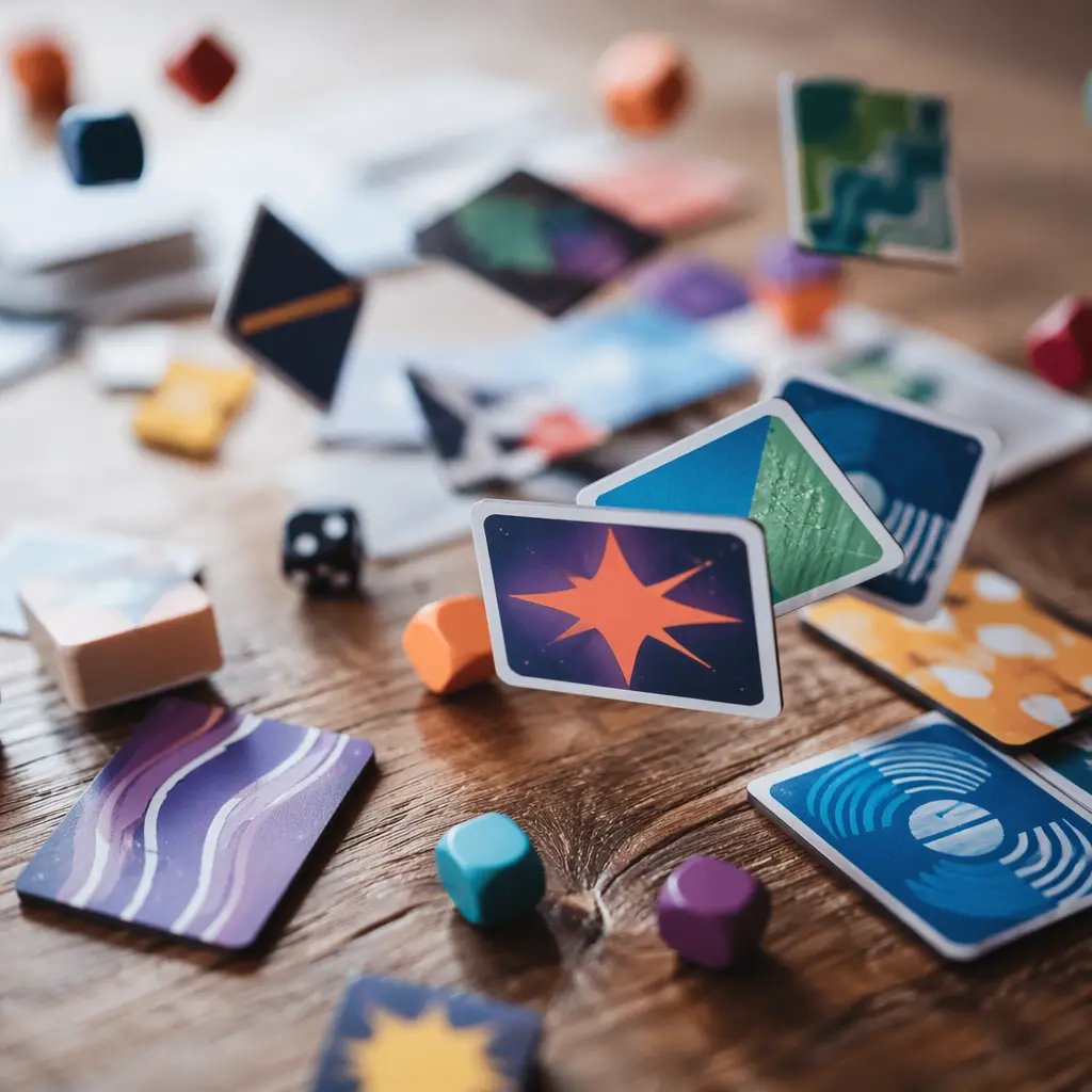 Abstract board game tiles and cards spread across a table during play.