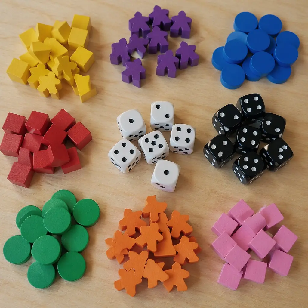 Brightly colored game tokens and dice arranged on a tabletop.