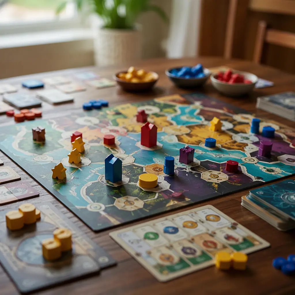 Colorful board game pieces arranged on a table, suggesting fast-paced play.