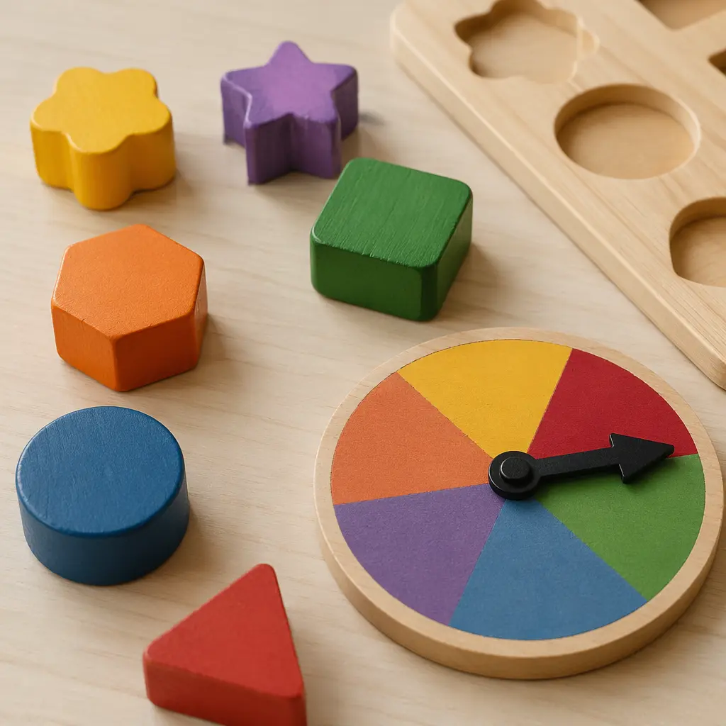 Chunky wooden game pieces and spinner
