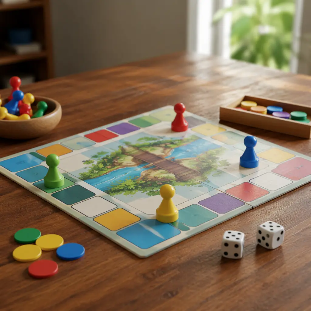 Simple colorful board game with chunky pieces on a table