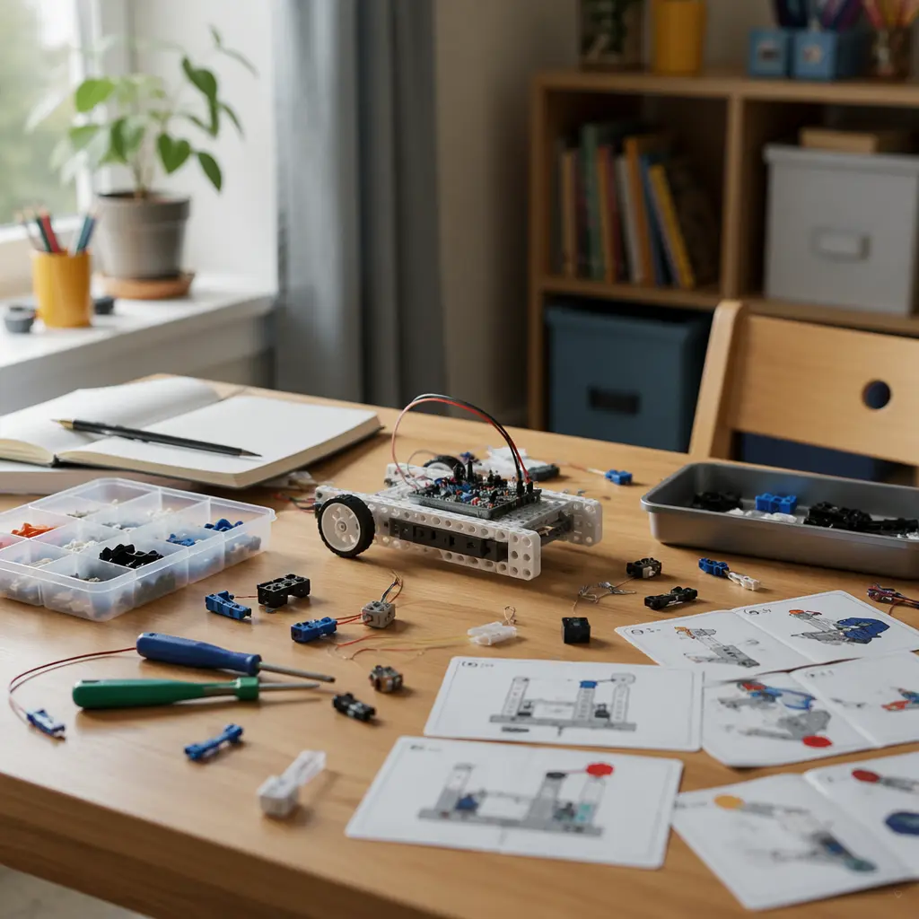 STEM building project and electronics parts laid out on a desk
