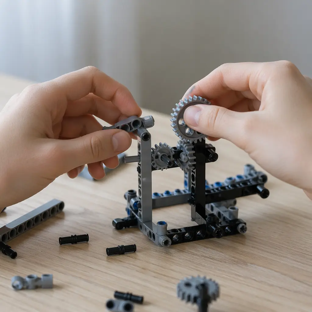 Mechanical STEM kit being assembled with gears and connectors