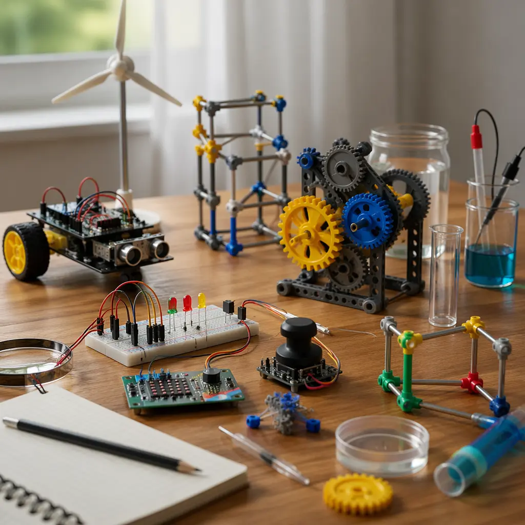 Assorted hands-on STEM toys arranged on a table in soft natural light