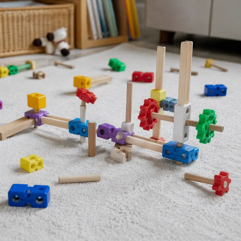 Loose building components connected creatively on a playroom floor