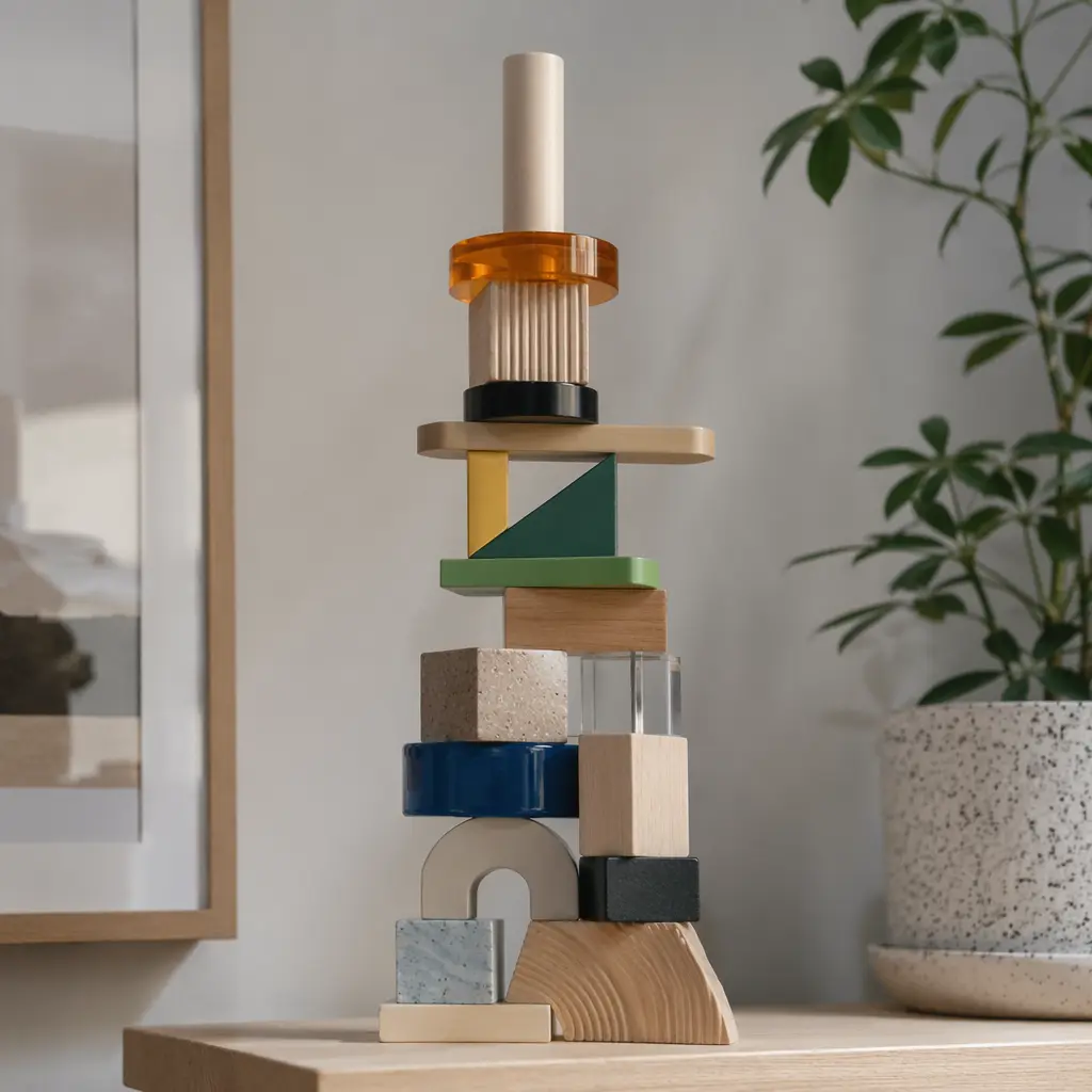 Creative abstract tower made from mixed building pieces