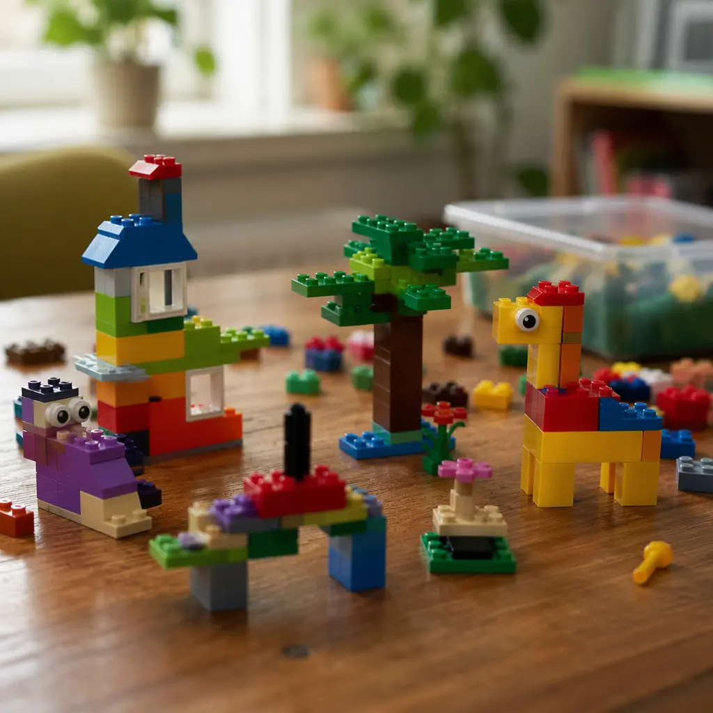 Open-ended building pieces arranged into creative shapes on a table