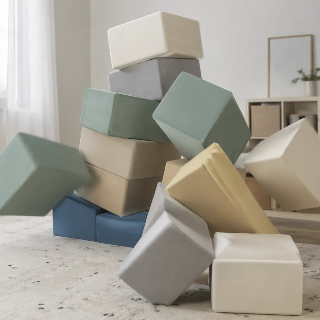 Large foam blocks collapsing on a soft rug in a minimalist play space