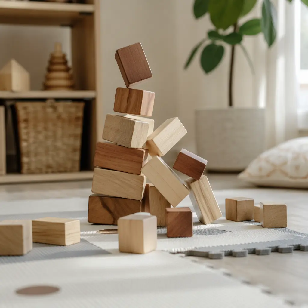 Chunky wooden blocks falling over on a toddler play mat in soft natural light