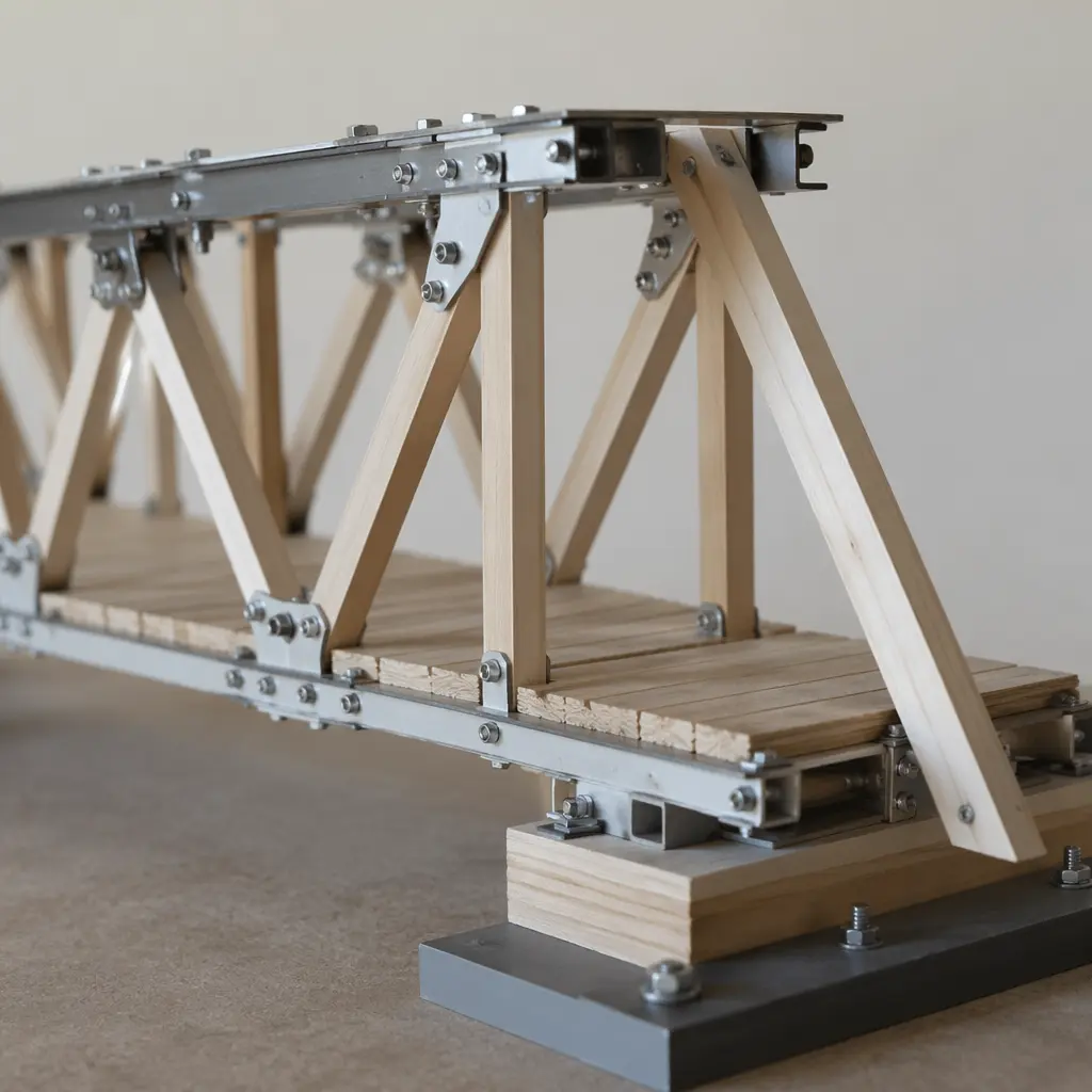 Partially assembled bridge made from construction pieces