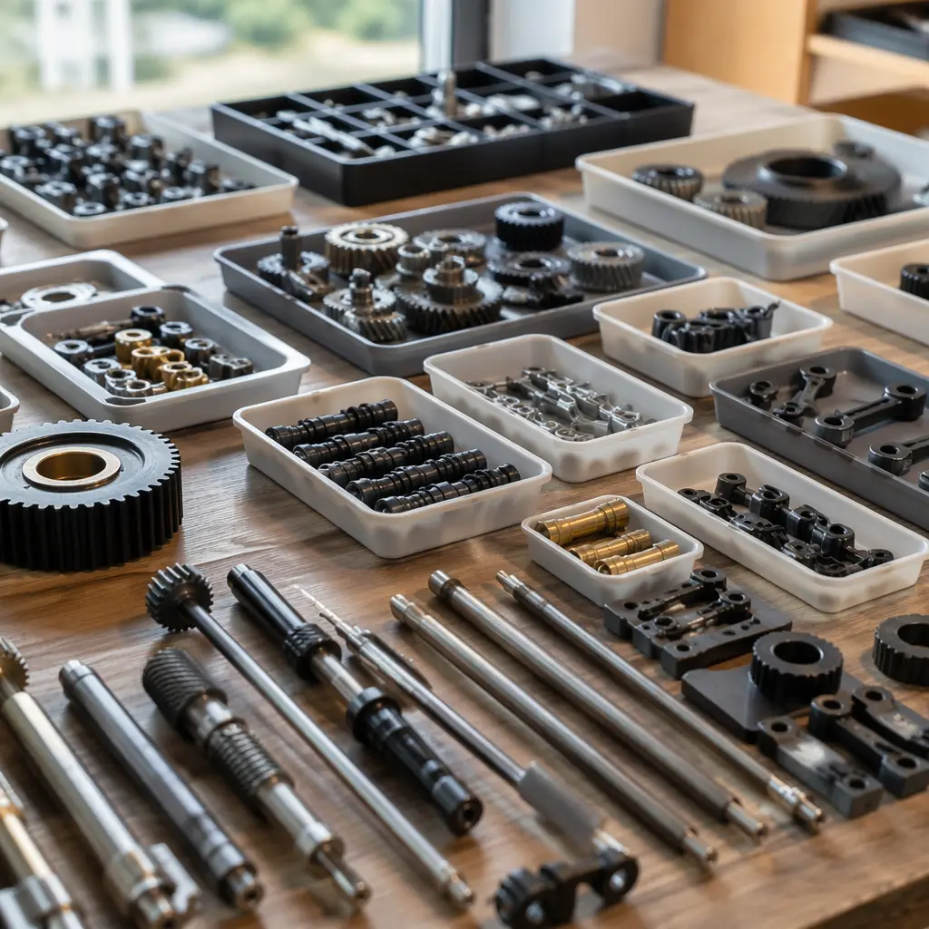 Organized trays of mechanical building parts and gears