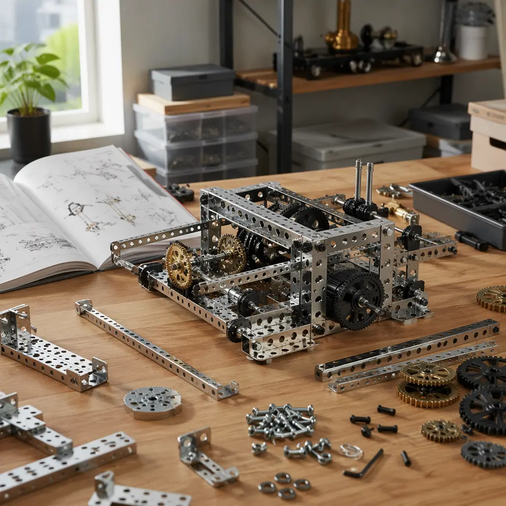 Advanced building set with metal parts and tools laid out on a table