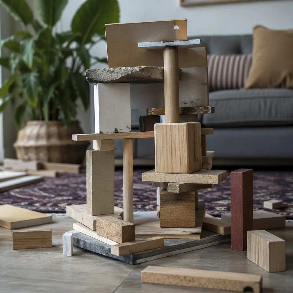 Abstract building structure in progress on a living room floor