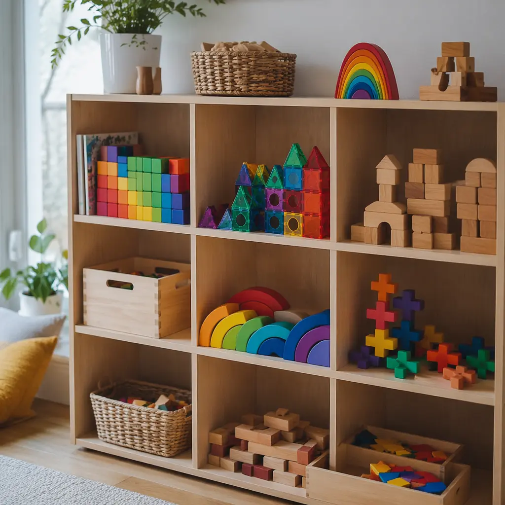 Open-ended building toys arranged on a shelf in soft natural light