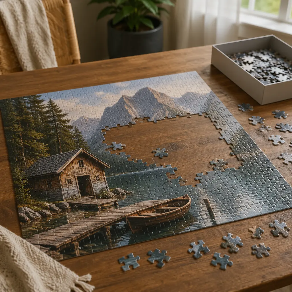 Large-piece puzzle set up on a table in a calm home setting
