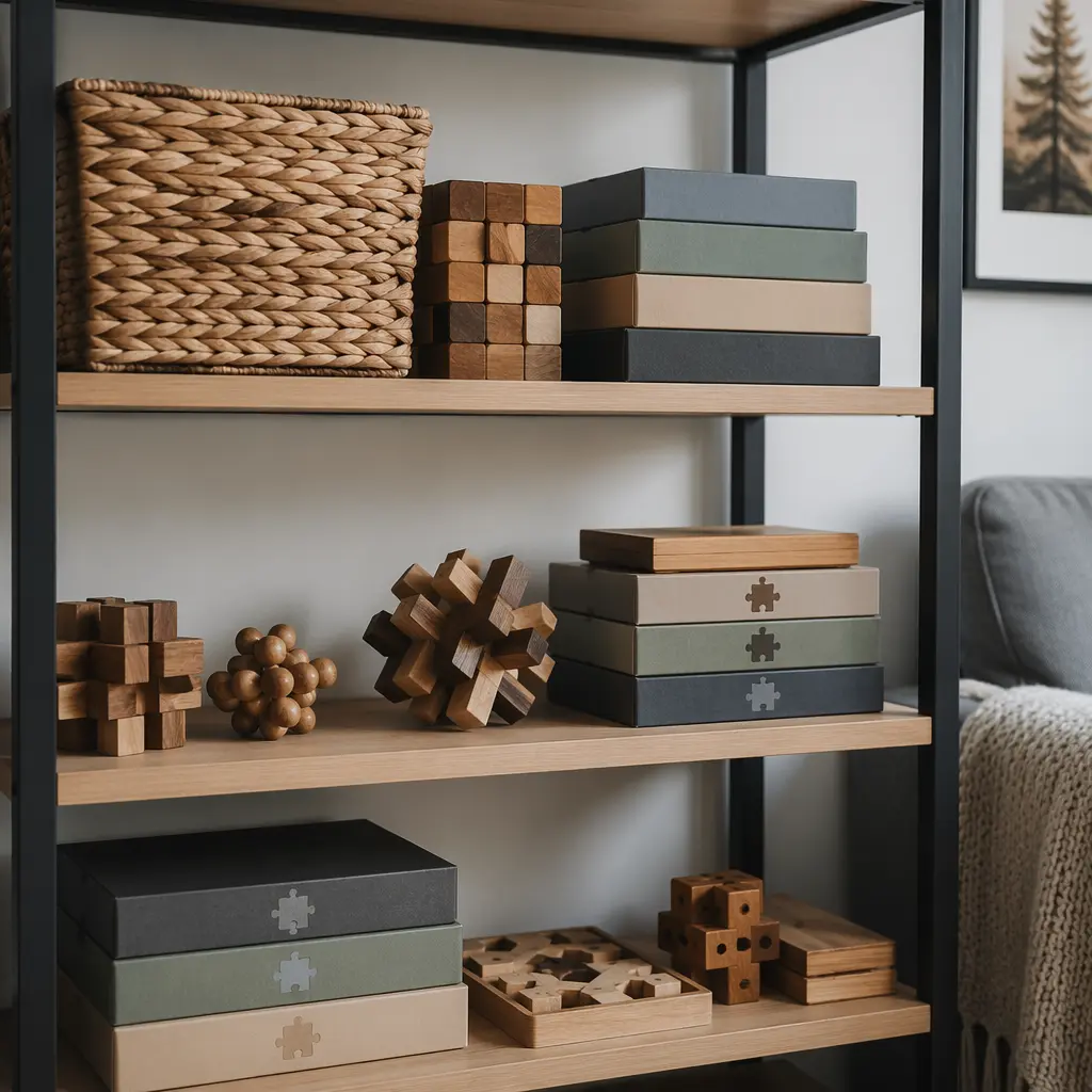 Puzzle toys organized on shelves in a calm family space