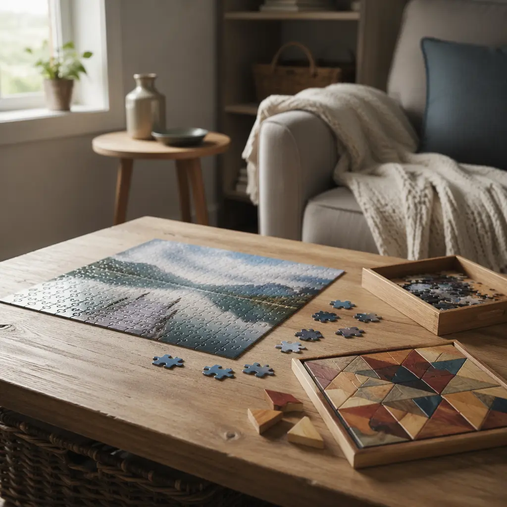 Calm puzzle toys arranged on a table in soft natural light