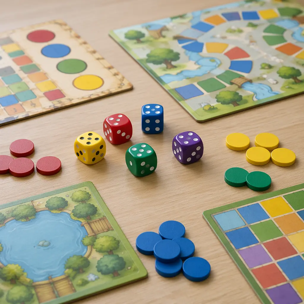 Simple board game components set up on a table
