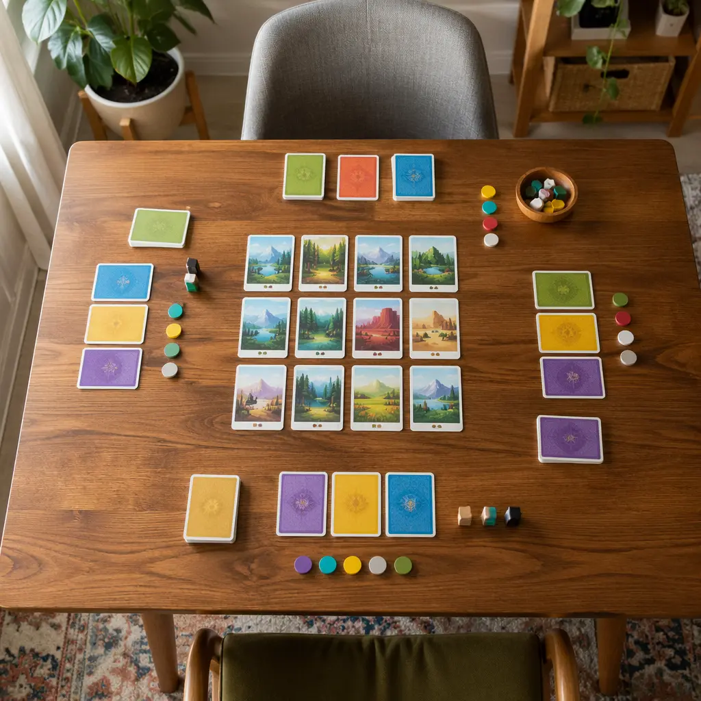Board game setup with cards and tokens on a table
