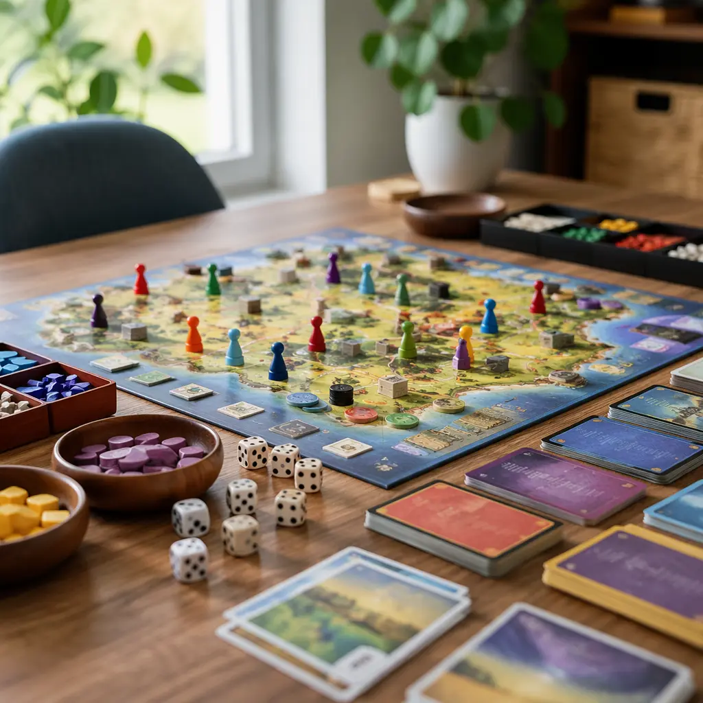 Colorful board game pieces on a table in soft natural light