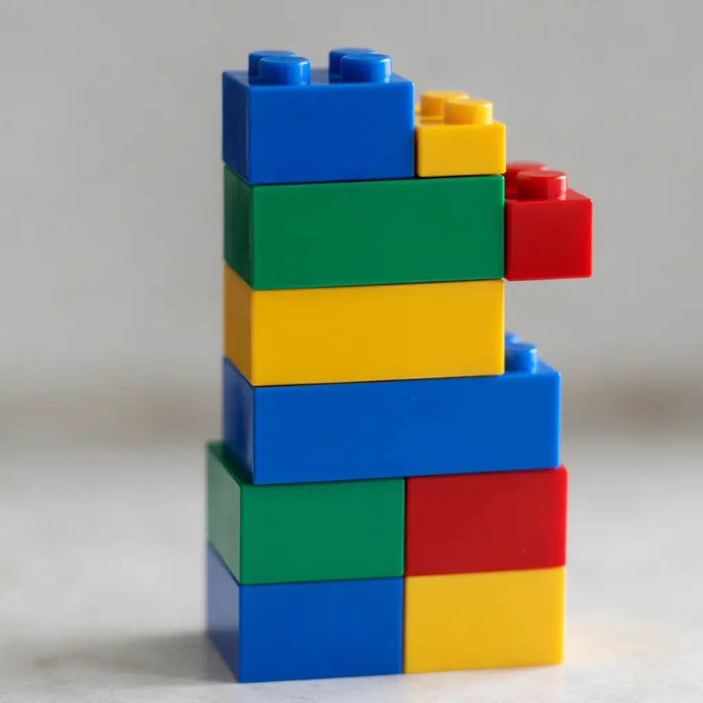 Close-up of interlocking building bricks fitted tightly together