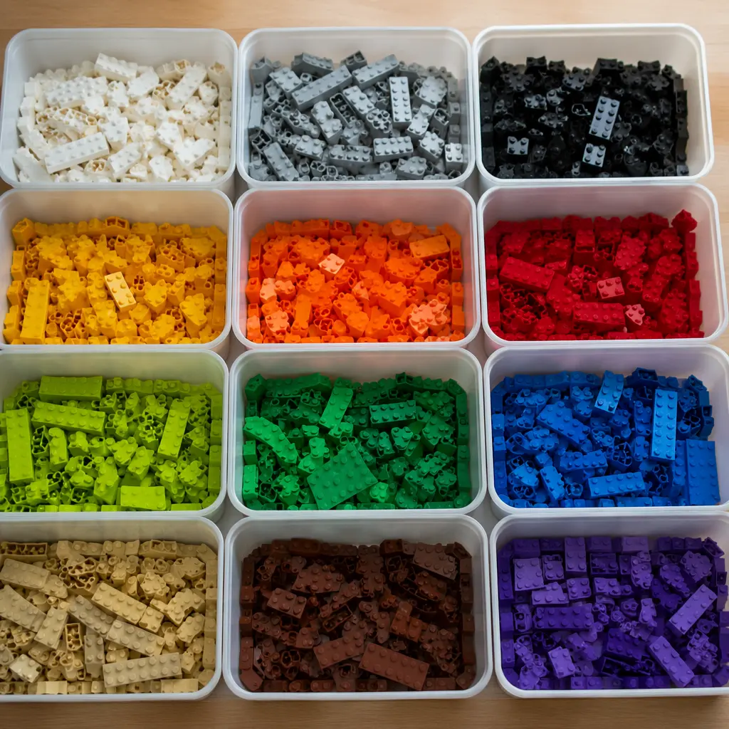 Building bricks sorted by color in storage bins