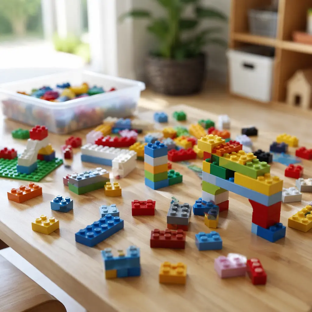 Colorful interlocking building bricks on a table in soft natural light