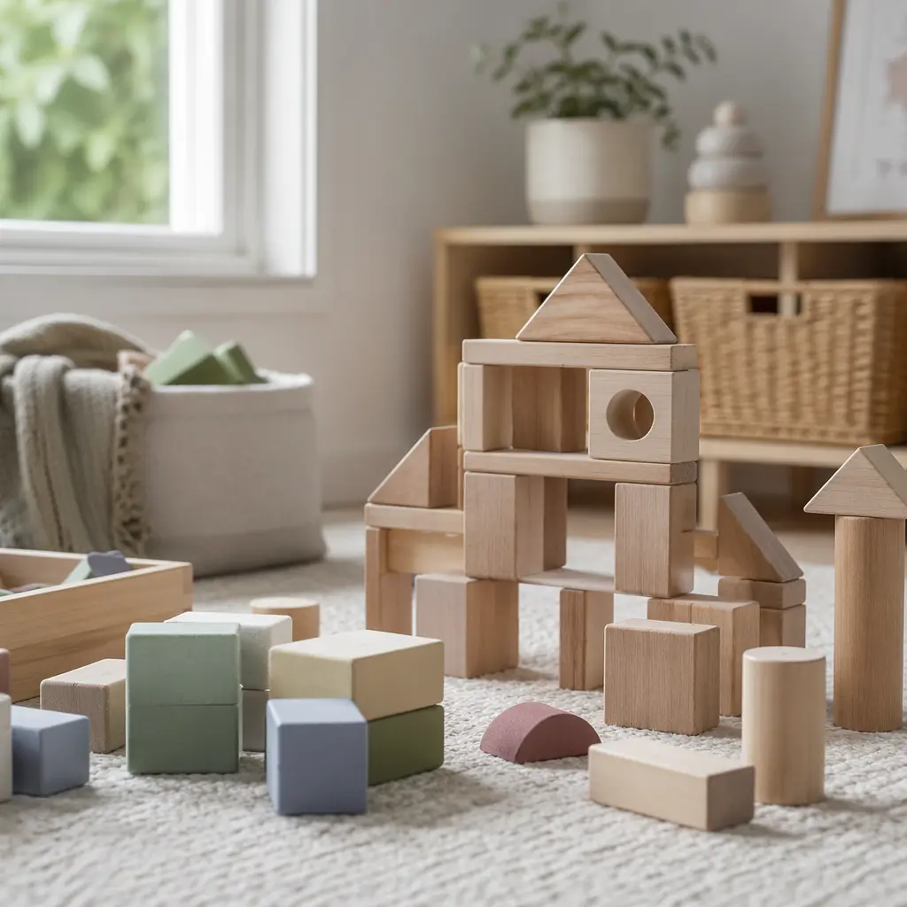 Durable wooden and foam blocks arranged in a toddler play area